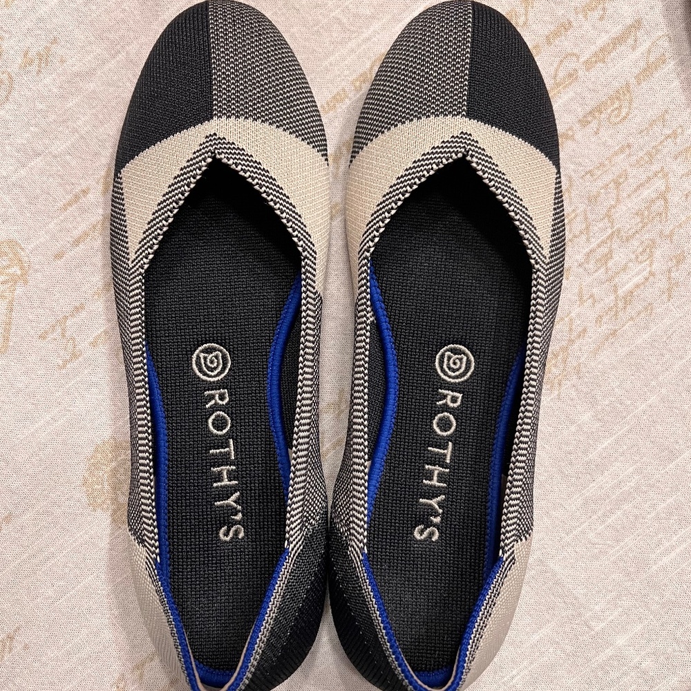 Rothy’s Ballet Flat-9 1/2, Like New, Navy Blue + Cream Geometric Block